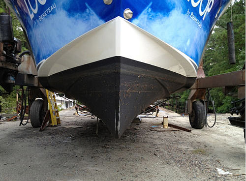 Shown here is the waterline view of the bow and hull on the Beneteau Swift 34 after being hauled out for repairs.